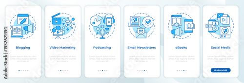 Content format options blue onboarding mobile app screen. Walkthrough 6 steps editable graphic instructions with linear concepts. UI, UX, GUI. Montserrat SemiBold, Regular fonts used