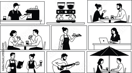 Cafe and restaurant lifestyle illustration set featuring barista service, coffee preparation, dining customers, waiter service and social coffeehouse atmosphere