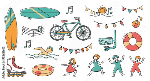 Summer Sports and Outdoor Activities Doodle Set, Hand Drawn Colorful Elements of Surfing, Cycling, Roller Skating and Swimming Vector Illustration