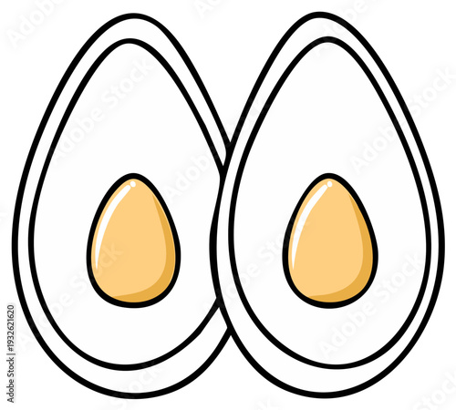 Two halves of a hard-boiled egg with yolk visible, cartoon style illustration