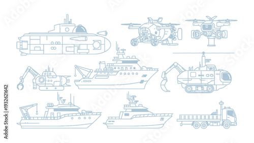 Marine Vessels & Transportation Designs: Collection of meticulously crafted line drawings of various marine vehicles, including submarines, boats, helicopters and trucks.