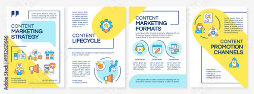 Content marketing blue and yellow brochure layout. Social commerce, customer experience. Leaflet advertising design with color line icons. Editable 4 pages. Questrial, Lato-Regular fonts used