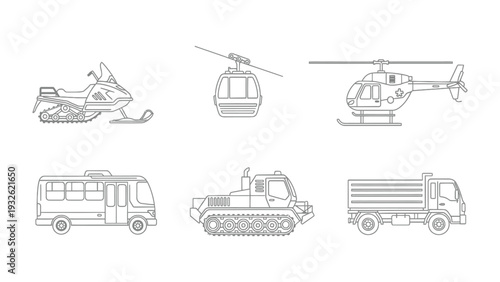 Wallpaper Mural Collection of Vehicles: An illustration showcases a diverse collection of vehicles, each meticulously drawn to highlight its unique features, from a snowmobile and cable car to a helicopter, bus. Torontodigital.ca
