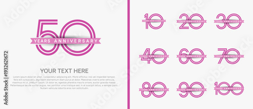 anniversary logo set with pink ribbon. pink number on white background for celebration moment