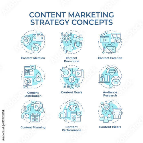Content marketing strategy soft blue concept icons. Audience research, lead generation. Icon pack. Vector images. Round shape illustrations for presentation, promotional material. Abstract idea