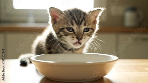 An adorable tabby kitten eagerly watches a bowl of milk on a sunlit kitchen table