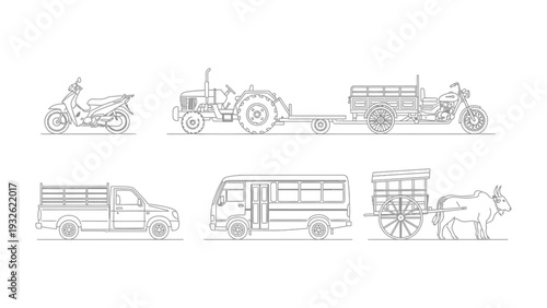 Line Art Transport Variety: A collection of various line art vehicles showcasing diverse transportation methods, offering a glimpse into the evolution of mobility.