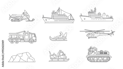 Diverse Transport Icons: A set of transport icons including different modes of transport for exploration and adventure. Perfect for travel or exploration themes.