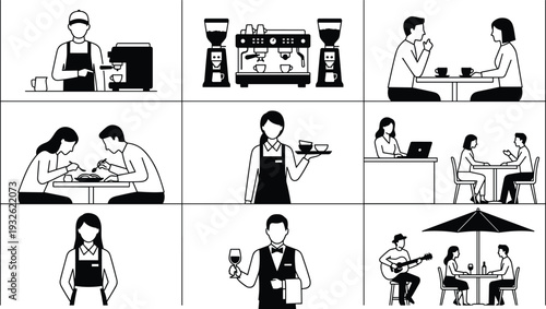 Cafe and restaurant service icon collection featuring barista coffee preparation, dining customers, waiter service and coffeehouse lifestyle illustration