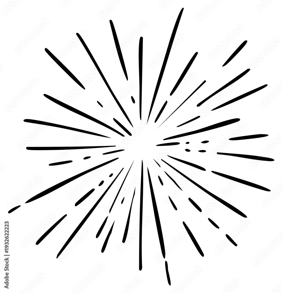 Fototapeta premium Starburst explosion of radiating lines in hand-drawn style emphasizing energy and movement evoking light sparkle or sunbeam effect on isolated backdrop