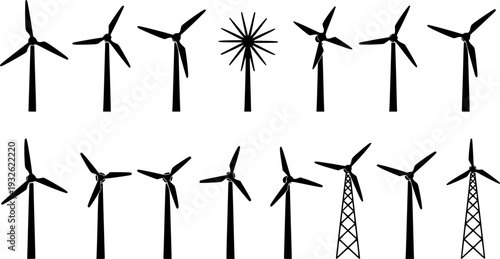  Modern Wind Turbine Silhouette - Renewable Green Energy and Sustainable Power Plant Vector 