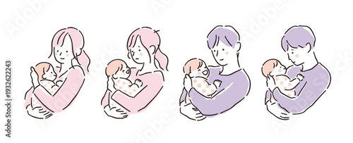 赤ちゃんを抱っこするパパとママの表情セット（笑顔・困り顔・泣き顔）