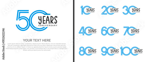 anniversary logo set with blue ribbon. blue number on white background for celebration moment