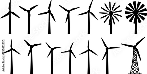  Modern Wind Turbine Silhouette - Renewable Green Energy and Sustainable Power Plant Vector 