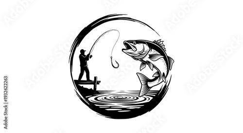 Bass Fishing Logo Illustration – Angler Catching Fish Sport Fishing Vector