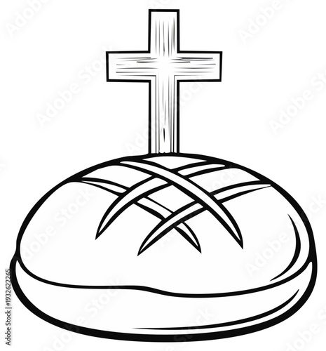 Prosphora bread and cross religious symbol line art illustration for Eastern Orthodox Christian traditions