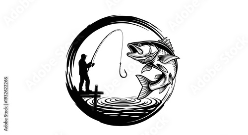 Bass Fishing Logo Illustration – Angler Catching Fish Sport Fishing Vector