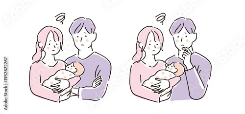 育児の悩みで考え込むパパとママのイラストセット