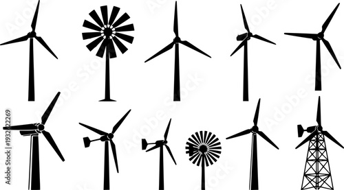  Modern Wind Turbine Silhouette - Renewable Green Energy and Sustainable Power Plant Vector 