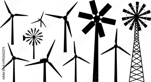  Modern Wind Turbine Silhouette - Renewable Green Energy and Sustainable Power Plant Vector 