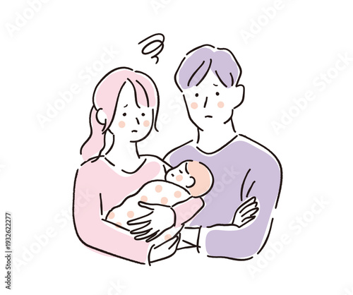 赤ちゃんを抱っこして困惑する若い夫婦のイラスト