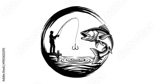 Bass Fishing Logo Illustration – Angler Catching Fish Sport Fishing Vector