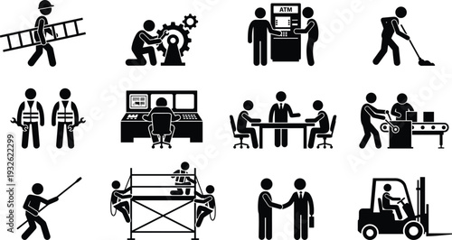 Collection of worker profession icons showing construction, industrial, office, service and labor activities with teamwork, safety and business occupation concepts