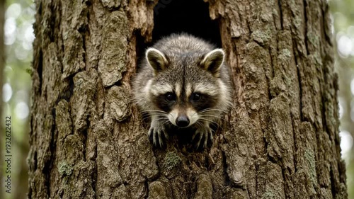 Cute Raccoon Peeking Out of Tree Hollow in a Lush Forest Setting