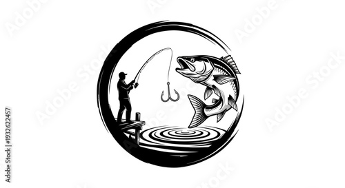 Bass Fishing Logo Illustration – Angler Catching Fish Sport Fishing Vector