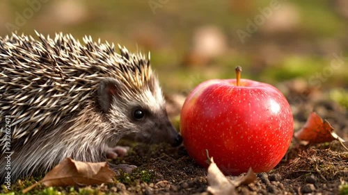 Cute hedgehog curiously sniffing a vibrant red apple in a dappled autumn forest setting