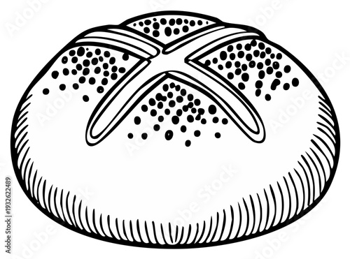 Ink drawing of a crusty bread roll with cross-shaped score marks, illustration.