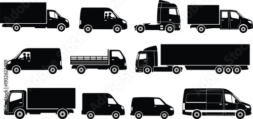 Commercial Delivery Van and Truck Silhouette Collection Featuring Cargo Vehicles, Transport Fleet, Logistics Transportation Icons for Shipping and Distribution Design