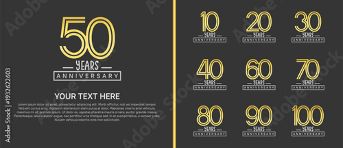 anniversary logo set. golden and silver color on black background for celebration moment