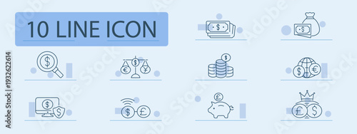 Currency exchange set icon. Banknotes stack, money bag, coin pile, globe currency, online payment security, balance scale, piggy bank, premium finance, international market.