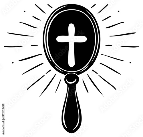 Oval mirror reflecting a white cross with radiating lines, symbolizing faith and divine light