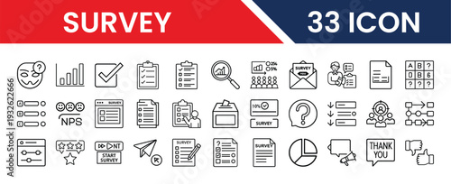 Collection of 33 survey related icons for feedback and analysis