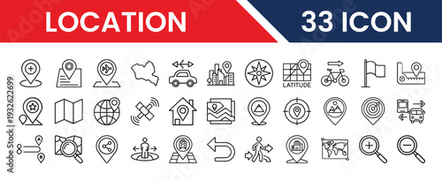 Collection of thirty three location based icons for navigation and mapping