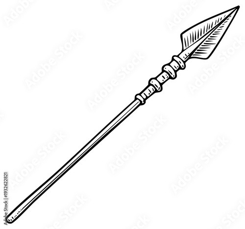 Detailed spear illustration with sharp blade and textured handle, isolated.