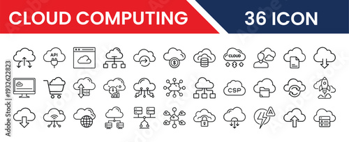 Cloud Computing Vector Set Featuring Cloud Storage, Networking, and Digital Technology Elements for Web and App Design