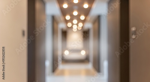 Blurry Hotel Corridor with Ceiling Lights.