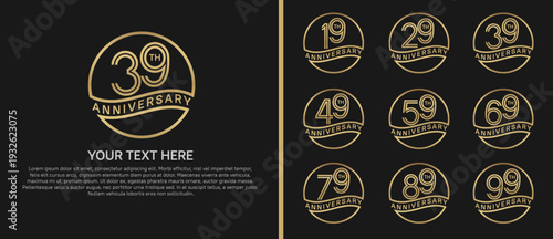 anniversary logo set with circle. gold color on black background for celebration moment