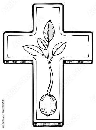 Christian cross with a growing seedling symbolizing faith and new life