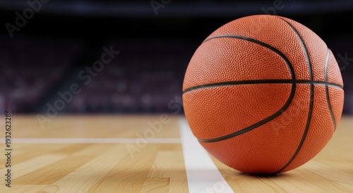 March Madness, Close up of orange basketball on wooden court with blurred stadium background