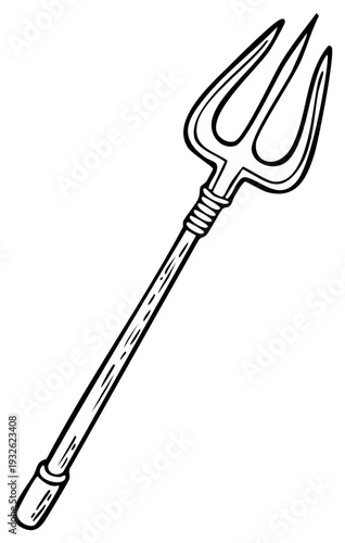 Black and white drawing of a trident a three pronged spear used as a weapon or symbol