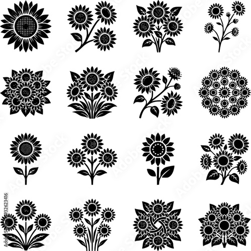 16 Premium Black Sunflower Icons - Wedding & Botanical Graphic Elements. Vector Illustration. Design Element. Clip art. Suitable for artwork design. Editable for any design.
