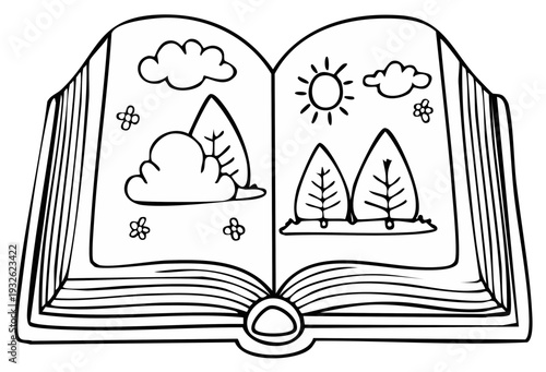 Open book with whimsical hand-drawn nature scene, clouds, sun, trees, and flowers
