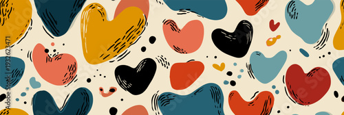 Hearts in a cute retro doodle style creating a vibrant seamless pattern. Seamless heart pattern representing love and romance