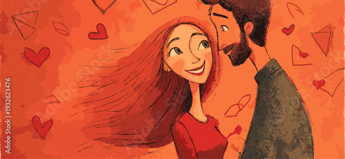 Smiling cartoon boy and girl with red hearts floating above them, depicting true love. Happy cartoon couple showing love and affection