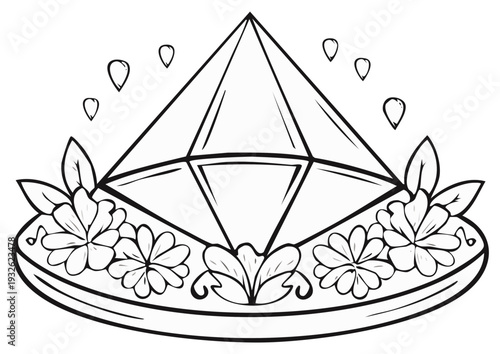 Minimalistic line art illustration of terrarium with flowers and leaves, decorative plant growing in glass container, black and white floral arrangement for coloring