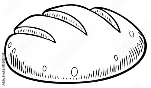 Hand drawn sketch of a whole loaf of bread with score marks on top and texture details